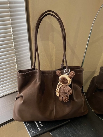 Women Large Capacity PU Leather Tote Bag Retro Minimalist Solid Color Shoulder Bag For Daily Commuting With Bear Charm