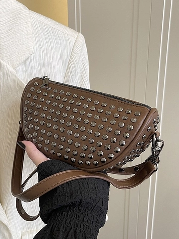 Sac Bandoulière Demi-Lune en Cuir PU Style Punk pour Femme Avec Décoration de Rivets en Métal Sangle Réglable Sac à Épaule