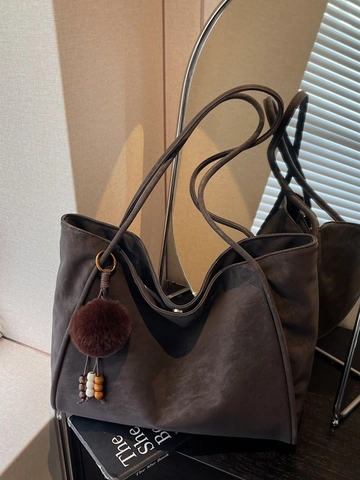 Borsa Tote da Donna in Pelle PU di Grande Capacità con Ciondolo a Palla di Pelo Retrò Casual Quotidiana Borsa a Spalla