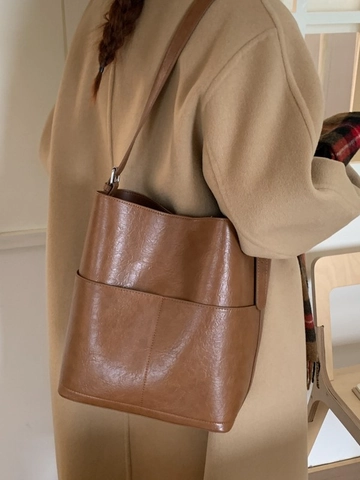Vintage Minimalistische PU Leder Beuteltasche Für Damen Große Kapazität Schultertasche Umhängetasche Fashion Pendeltasche Handtasche