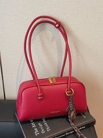 Retro Women Litchi Grain PU Leather Bowling Bag Solid Color Shoulder Armpit Bag Zipper Closure Fashion Boston Handbag For Women
