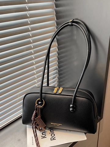 Retro Women Litchi Grain PU Leather Bowling Bag Solid Color Shoulder Armpit Bag Zipper Closure Fashion Boston Handbag For Women