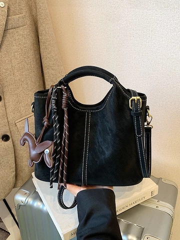 Women's Casual PU Leather Bucket Bag Contrast Stitching Shoulder Bag With Dog Pendant Vintage Sub-Mother Handbag For Women