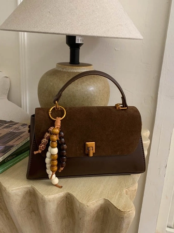 Sac à Bandoulière Vintage Patchwork pour Femmes Rétro en Cuir PU Suède Sac à Main Carré avec Gland Perlé pour Trajet Quotidien