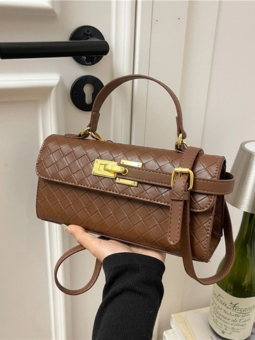 Damen Retro PU Leder Gewebt Umhängetasche Mit Gold Schloss Minimalistische Handtasche Mode Top Handle Crossbody Tasche Alltag