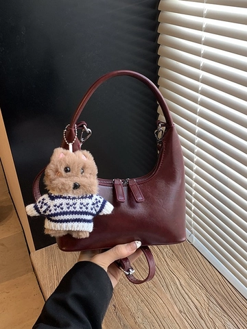 Women Retro PU Leather Crescent Hobo Bag Vintage Solid Color Crossbody Shoulder Bag With Plush Pendant Casual Daily Satchel