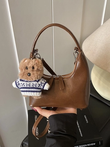 Women Retro PU Leather Crescent Hobo Bag Vintage Solid Color Crossbody Shoulder Bag With Plush Pendant Casual Daily Satchel