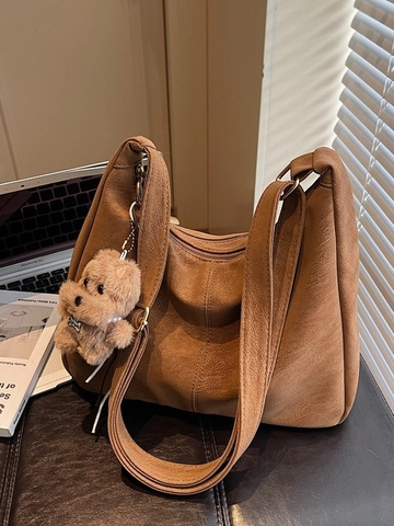 Vintage PU Leather Large Capacity Hobo Bag For Women Casual Retro Solid Color Shoulder Bag With Furry Dog Pendant