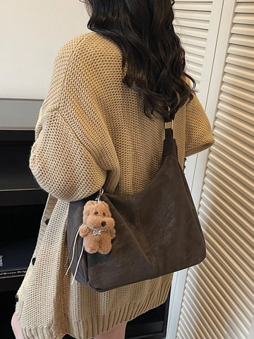 Vintage PU Leather Large Capacity Hobo Bag For Women Casual Retro Solid Color Shoulder Bag With Furry Dog Pendant