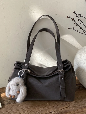 Large Capacity Retro Suede Texture PU Tote Bag For Women Minimalist Commuter Shoulder Bag With Cute Rabbit Charm Accessory
