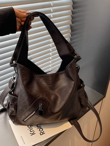 Women Large Capacity PU Leather Bucket Bag Minimalist Solid Color Tote Crossbody Bag With Adjustable Strap Commuter Handbag