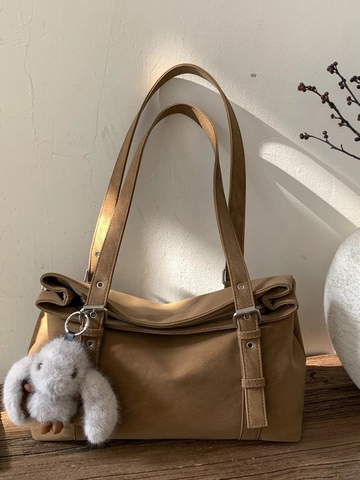 Large Capacity Retro Suede Texture PU Tote Bag For Women Minimalist Commuter Shoulder Bag With Cute Rabbit Charm Accessory