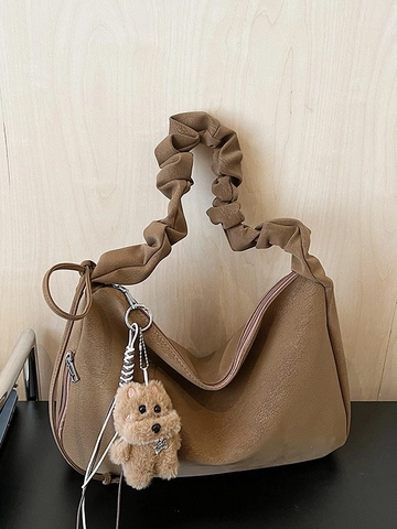 Women Casual Pleated PU Leather Tote Bag Retro Urban Minimalist Shoulder Bag With Cloud Handle And Plush Dog Pendant