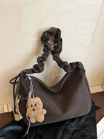 Women Casual Pleated PU Leather Tote Bag Retro Urban Minimalist Shoulder Bag With Cloud Handle And Plush Dog Pendant