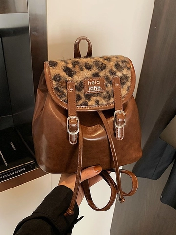 Damen Vintage Leoparden Patchwork Mini Rucksack PU Leder Kunstpelz Kordelzug Eimer Tasche Für Alltag Mode Retro Schultertasche