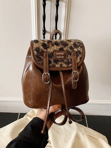 Damen Vintage Leoparden Patchwork Mini Rucksack PU Leder Kunstpelz Kordelzug Eimer Tasche Für Alltag Mode Retro Schultertasche