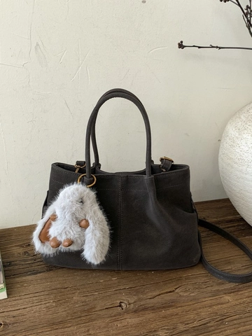 Vintage Suede Texture PU Leather Tote Bag For Women Minimalist Stitching Bucket Bag Shoulder Crossbody Bag With Rabbit Charm