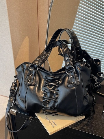 Borsa Tote Vintage in Pelle PU per Donna Borsa a Tracolla Retrò con Fiocco Stringato Borsa a Mano per Pendolari di Grande Capacità con Borchie