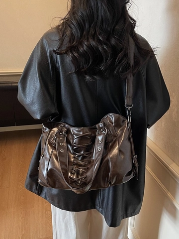 Borsa Tote Vintage in Pelle PU per Donna Borsa a Tracolla Retrò con Fiocco Stringato Borsa a Mano per Pendolari di Grande Capacità con Borchie