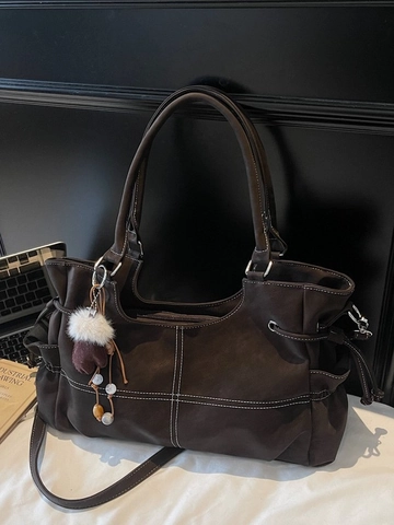 Sac Cabas en Cuir PU Grande Capacité Style Coréen Vintage pour Femmes Coutures Contrastées Sac à Épaule Avec Charme