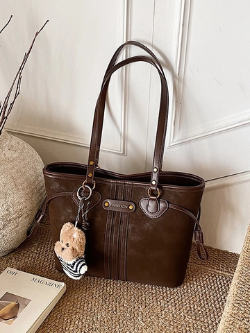 Women's Vintage Matte PU Large Capacity Tote Bag College Style Underarm Shoulder Bag With Plush Bear Charm Retro Commuter Bag