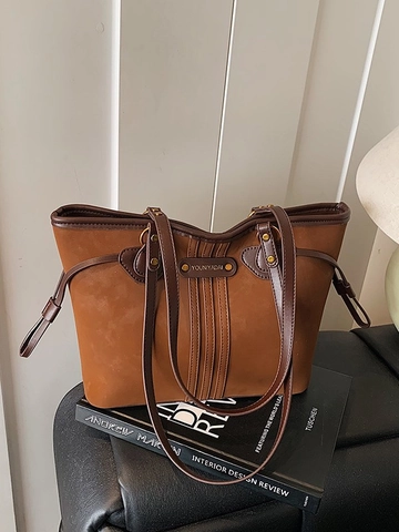 Women's Vintage Matte PU Large Capacity Tote Bag College Style Underarm Shoulder Bag With Plush Bear Charm Retro Commuter Bag