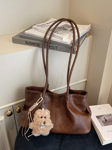 Women's Large Capacity PU Leather Tote Bag Minimalist Pleated Shoulder Bag Casual Handbag with Plush Pendant Fashion Commuter Bag