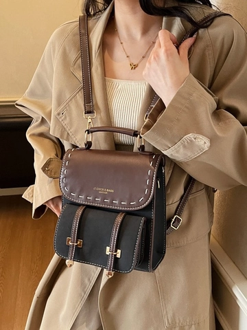 Petit Sac à Dos en Cuir PU à Surpiqûres Contrastées Vintage pour Femmes Sac à Main Polyvalent Casual Style Rue Mode Voyage