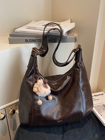 Women Large Capacity Tote Bag Vintage PU Leather Shoulder Bag Retro Solid Color Crossbody Bag With Plush Pendant For Commuter