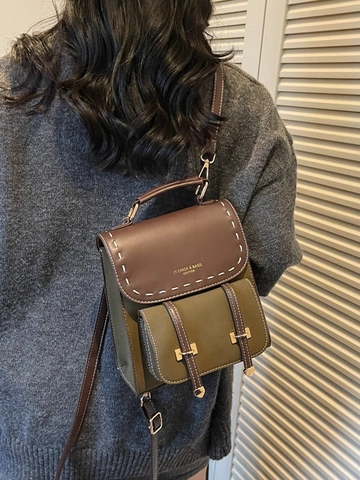 Petit Sac à Dos en Cuir PU à Surpiqûres Contrastées Vintage pour Femmes Sac à Main Polyvalent Casual Style Rue Mode Voyage
