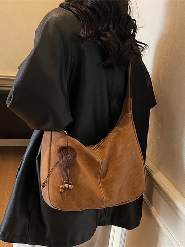 Vintage Large Capacity Hobo Shoulder Bag For Women Suede Polyester Contrast Stitching Tote Bag With Plush Ball Charm