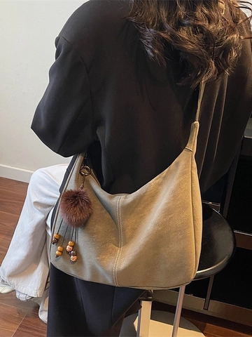 Vintage Large Capacity Hobo Shoulder Bag For Women Suede Polyester Contrast Stitching Tote Bag With Plush Ball Charm