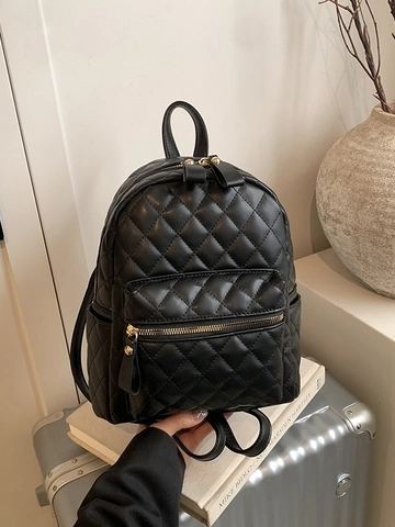 Korean Style Rhombic Quilted PU Leather Mini Backpack For Women Solid Color Small Trendy School Bag Gold Hardware Handbag