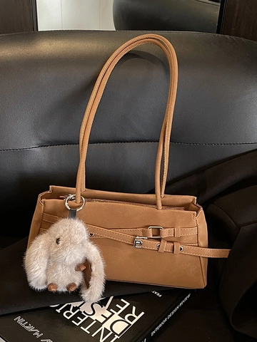 Vintage PU Leather Shoulder Bag Women Rectangular Underarm Bag With Detachable Plush Rabbit Pendant Metal Buckle