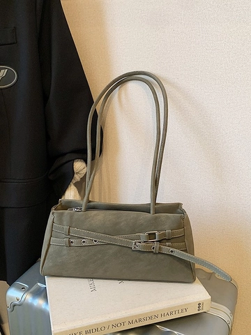 Vintage PU Leather Shoulder Bag Women Rectangular Underarm Bag With Detachable Plush Rabbit Pendant Metal Buckle