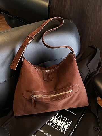 Women Retro Faux Suede Large Capacity Tote Bag Solid Color Hobo Shoulder Bag With Zipper Daily Commute Travel Stylish Handbag