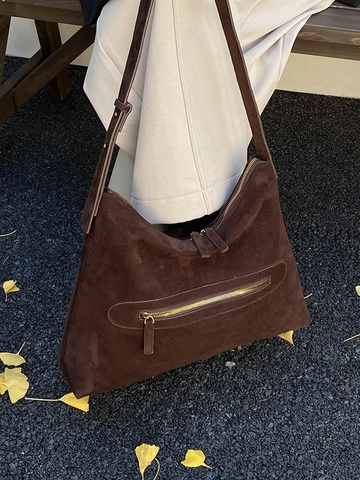 Women Retro Faux Suede Large Capacity Tote Bag Solid Color Hobo Shoulder Bag With Zipper Daily Commute Travel Stylish Handbag