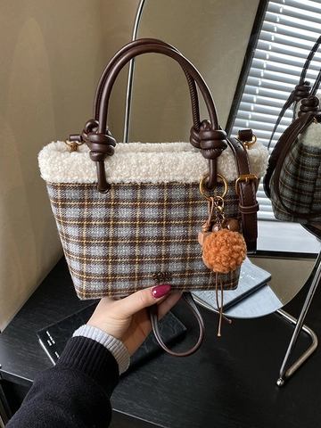 Women Vintage Plaid Bucket Bag With Faux Lambswool Trim Retro Lattice Shoulder Crossbody Bag Handbag For Winter Autumn Fashion