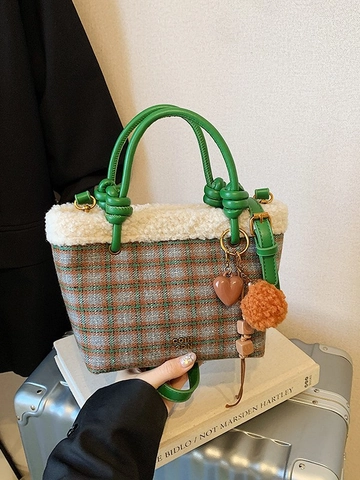 Women Vintage Plaid Bucket Bag With Faux Lambswool Trim Retro Lattice Shoulder Crossbody Bag Handbag For Winter Autumn Fashion