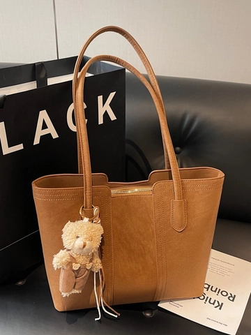 Damen Vintage Tote Bag Mit Großer Kapazität Mattes PU-Leder Minimalistische Schultertasche Mit Plüschbär-Anhänger Für Pendler Mode