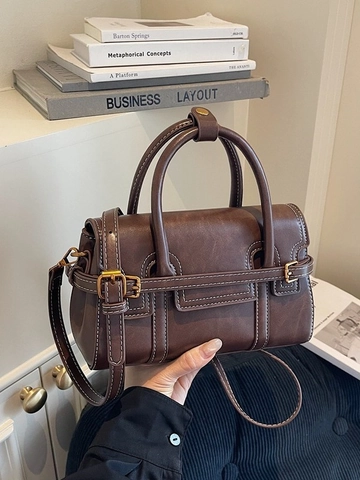 Vintage Women PU Leather Crossbody Handbag Contrast Stitching Golden Hardware Shoulder Square Bag For Daily Commute Fashion Satchel