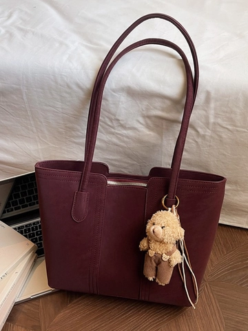Damen Vintage Tote Bag Mit Großer Kapazität Mattes PU-Leder Minimalistische Schultertasche Mit Plüschbär-Anhänger Für Pendler Mode