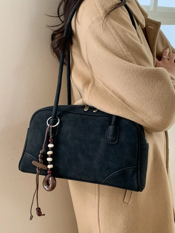 Retro Damen Minimalistisch PU Wildleder Optik Schultertasche Mit Perlenanhänger Einfarbig Unterarmtasche Alltag