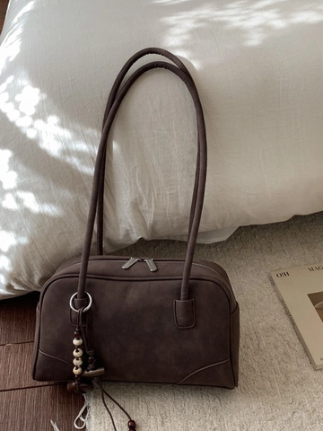 Retro Damen Minimalistisch PU Wildleder Optik Schultertasche Mit Perlenanhänger Einfarbig Unterarmtasche Alltag