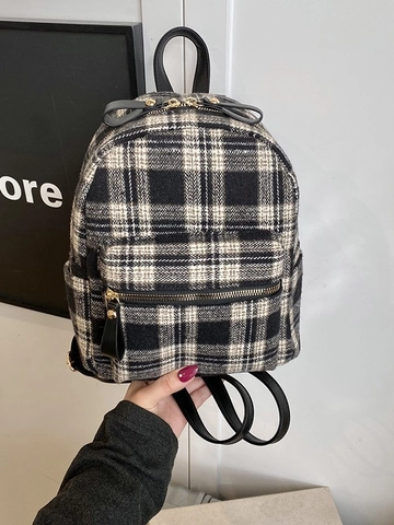 Dames Retro Geruit Mini Rugzak Mode PU Leer Tweed Checkered Woon Werkverkeer Casual Grote Capaciteit Schoudertas Met Goud Hardware