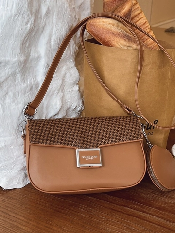 Petit Sac Carré Bandoulière Vintage Femme en Cuir PU Patchwork Pied-de-Poule avec Porte-Monnaie Rond Suspendu Mode