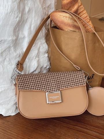 Petit Sac Carré Bandoulière Vintage Femme en Cuir PU Patchwork Pied-de-Poule avec Porte-Monnaie Rond Suspendu Mode