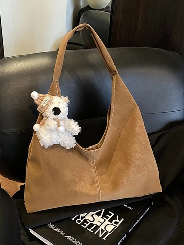 Bolso Bombonera Hobo de Cuero PU Grande Minimalista Para Mujer Costuras de Contraste Bolso de Hombro Colgante Oso Tote Casual