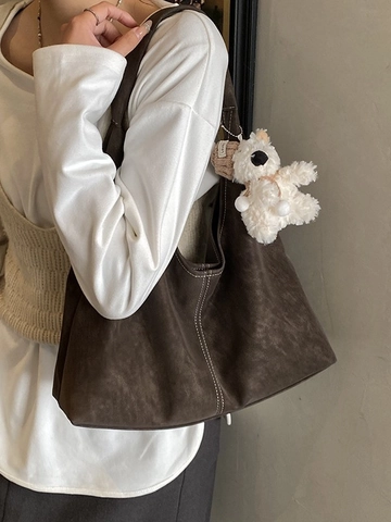 Bolso Bombonera Hobo de Cuero PU Grande Minimalista Para Mujer Costuras de Contraste Bolso de Hombro Colgante Oso Tote Casual