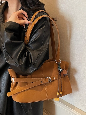 Borsa a Tracolla Grande in Ecopelle Scamosciata PU per Donna Borsa Tote Sottobraccio Vintage con Cinturino Regolabile e Pendente